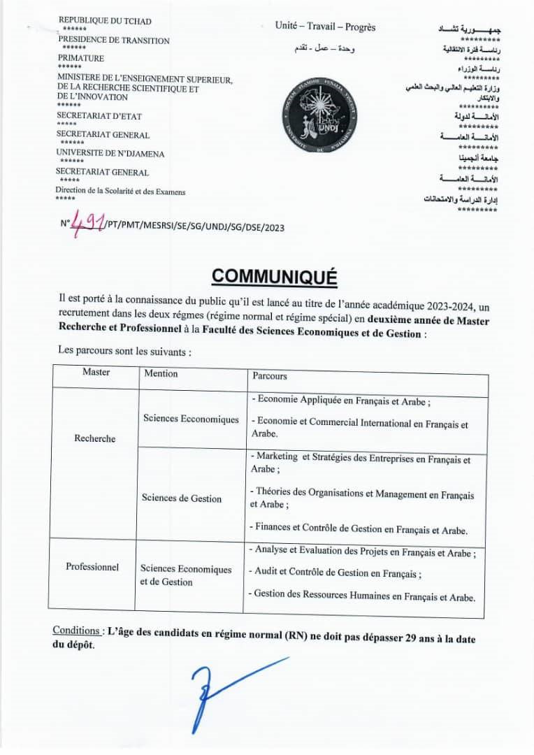 Tchad : L’Université de Ndjamena lance un recrutement en 2ème année de master de Recherche et Professionnel