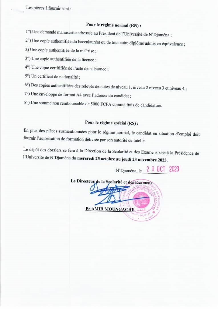 Tchad : L’Université de Ndjamena lance un recrutement en 2ème année de master de Recherche et Professionnel