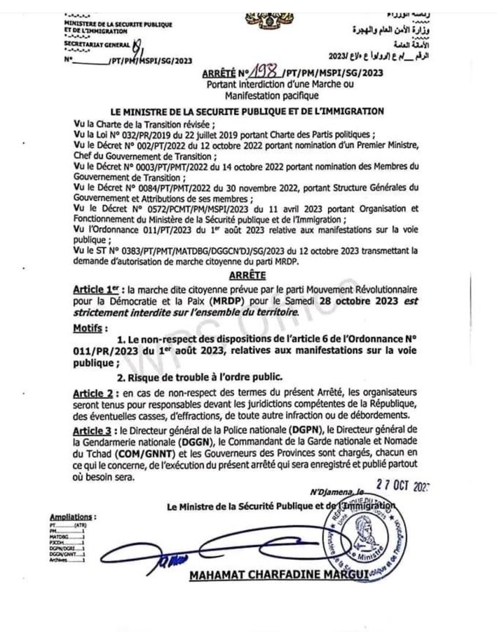 Tchad : Le ministre de la Sécurité interdit une manifestation du parti politique MRPD prévue ce samedi