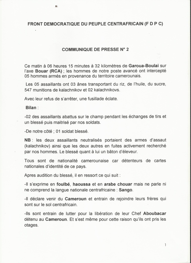 RCA : Fusillade entre combattants du FDPC et des hommes armés 