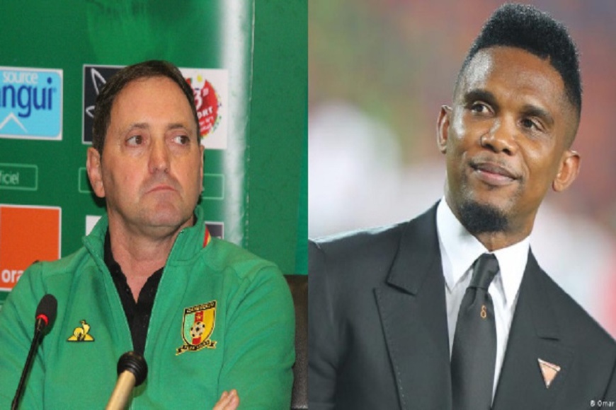 Antonio Da Conceiçao (à gauche) et le président de la FECAFOOT Samuel Eto’o (à droite).