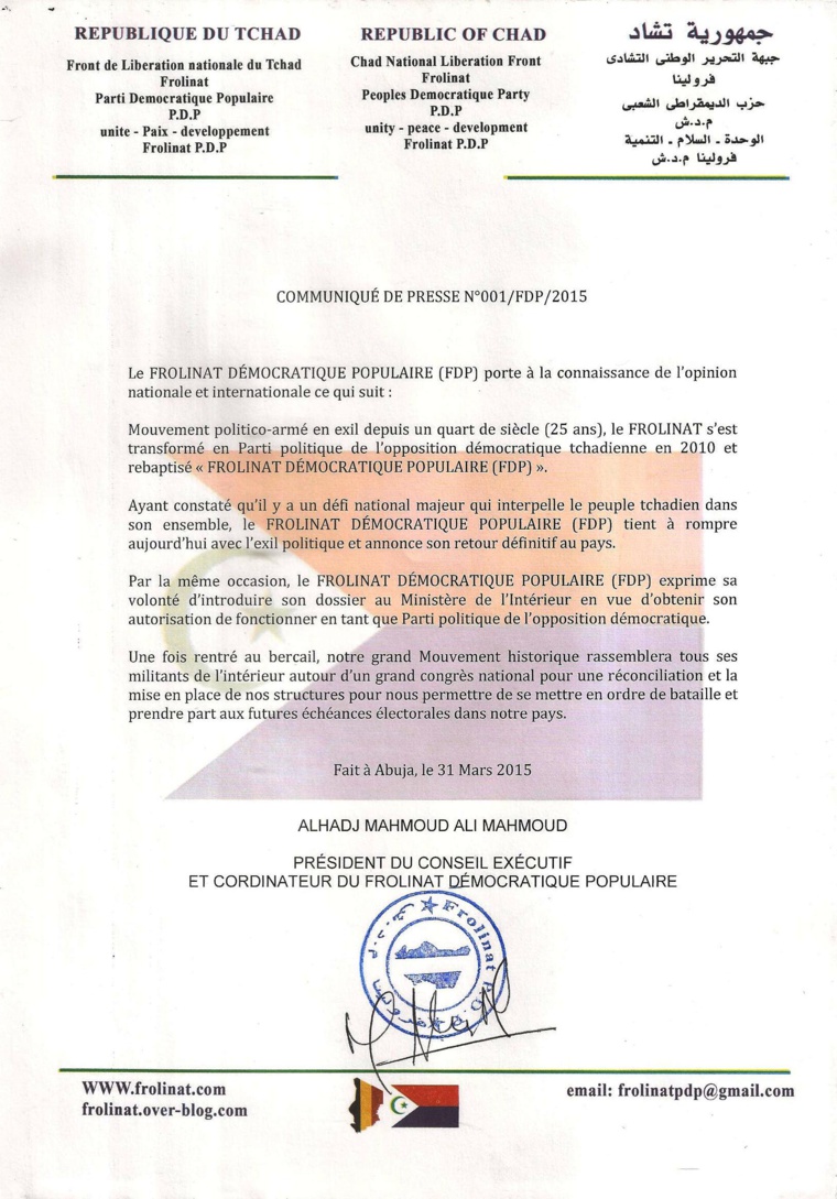 Tchad : Le "FROLINAT Démocratique Populaire" envisage son avenir politique