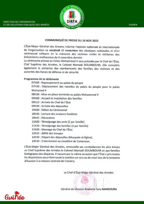 Guinée (Conakry) : La nation rend hommage aux victimes des évènements malheureux du 04 novembre dernier