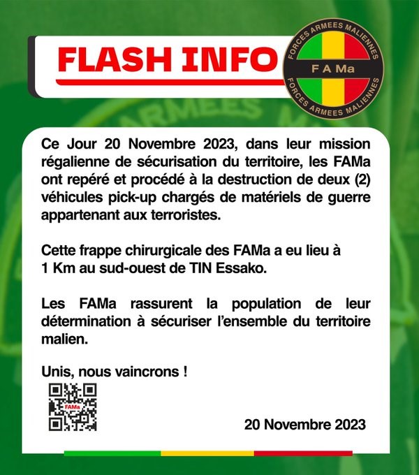 Mali : Les FAMa affirment avoir détruit deux véhicules chargés de matériels de guerre