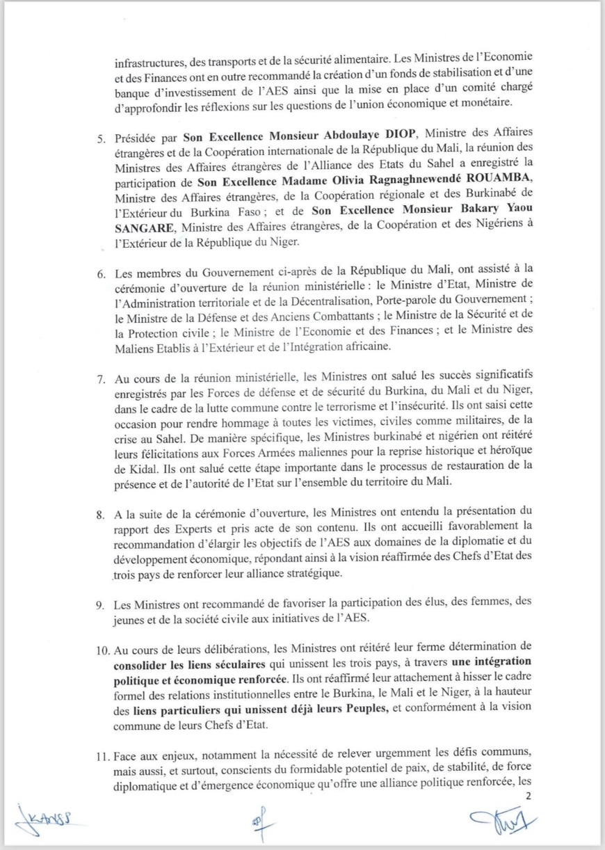 Mali : Déclaration issue de la première réunion des Ministres des Affaires étrangères de l'Alliance des Etats du Sahel