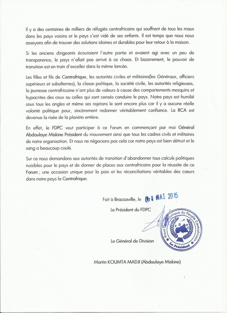 RCA : Le général Miskine demande au gouvernement d'abandonner les calculs politiques 