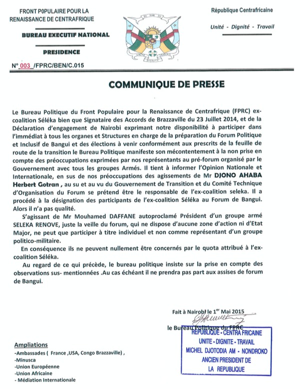 Forum de Bangui : L'ex-Président Djotodia revendique le quota attribué à l'ex-Séléka