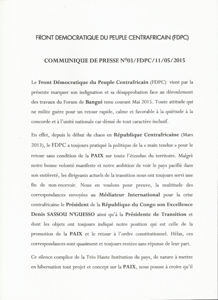 RCA : Le FDPC du général Abdoulaye Miskine met en garde les autorités