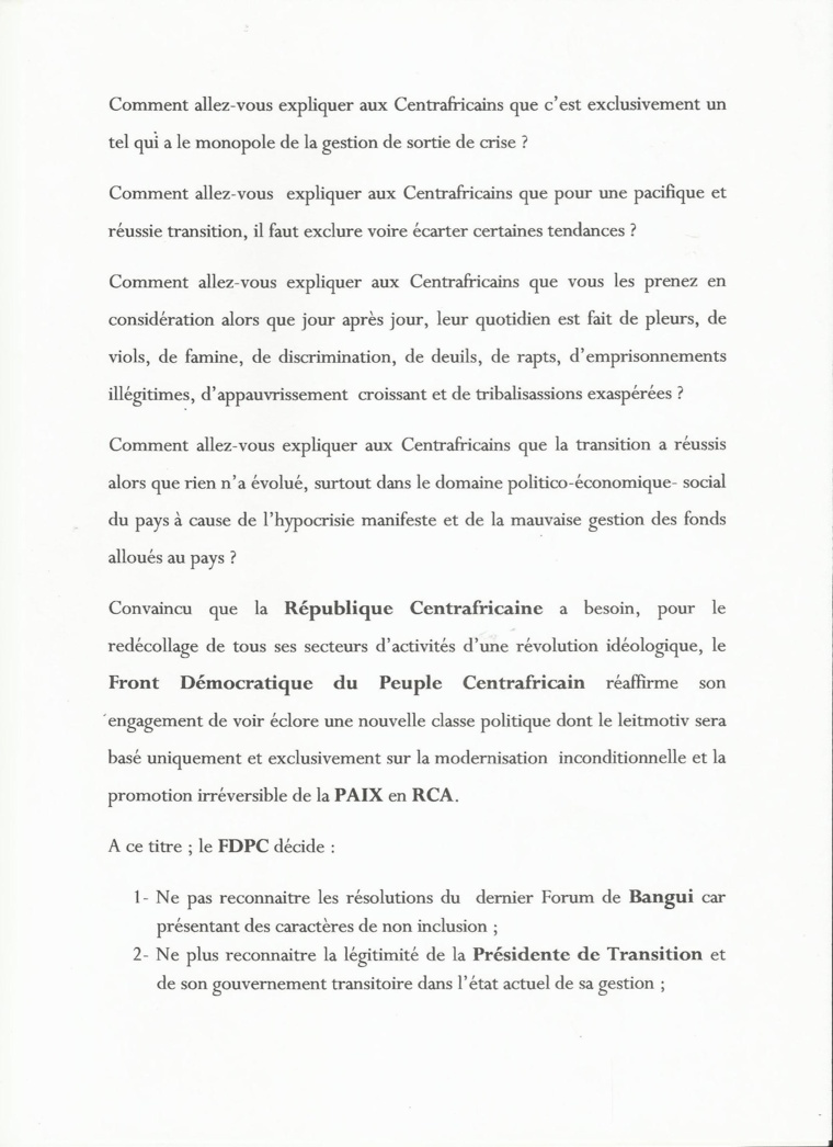 RCA : Le FDPC du général Abdoulaye Miskine met en garde les autorités