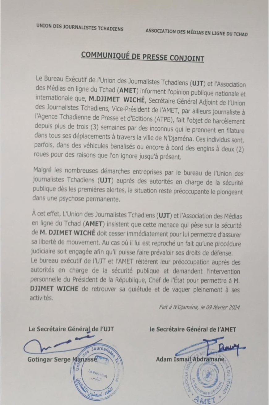Tchad : harcèlement du journaliste Djimet Wiche signalé par l'UJT et l'AMET Tchad : harcèlement du journaliste Djimet Wiche signalé par l'UJT et l'AMET