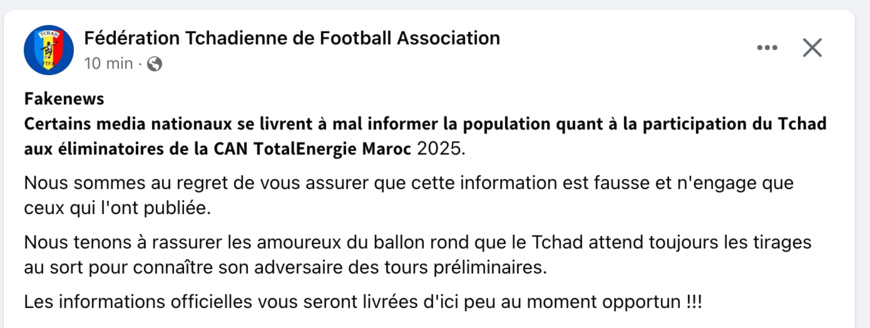 Éliminatoires CAN 2025 : la FTFA dément les rumeurs sur le classement du Tchad aux tirages au sort Éliminatoires CAN 2025 : la FTFA dément les rumeurs sur le classement du Tchad aux tirages au sort