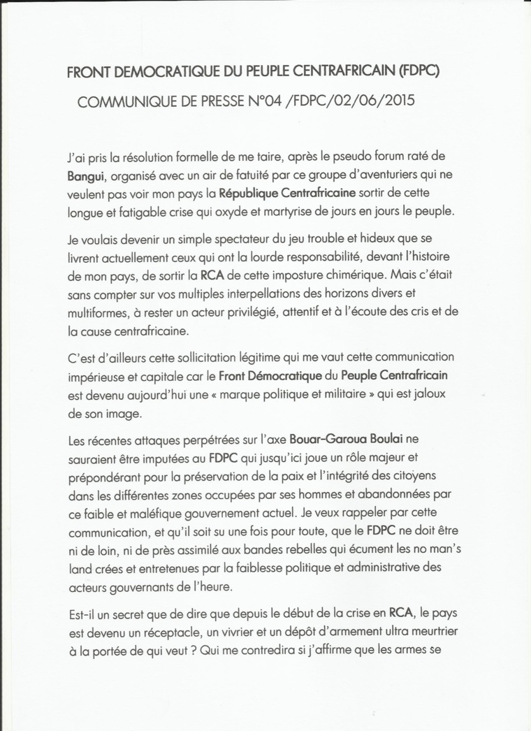 Centrafrique : Le Président du FDPC hausse le ton après le Forum "raté" de Bangui