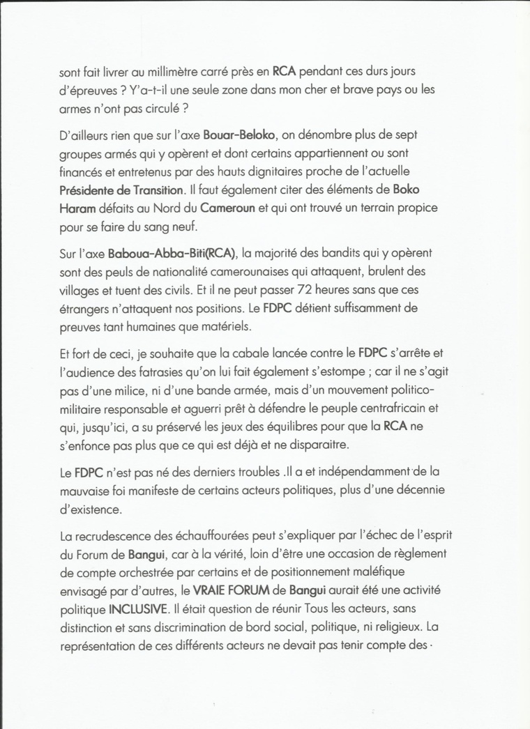Centrafrique : Le Président du FDPC hausse le ton après le Forum "raté" de Bangui