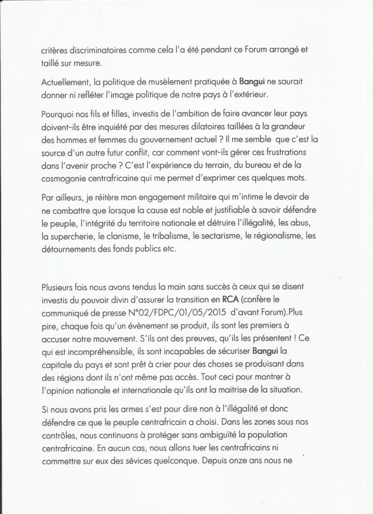 Centrafrique : Le Président du FDPC hausse le ton après le Forum "raté" de Bangui