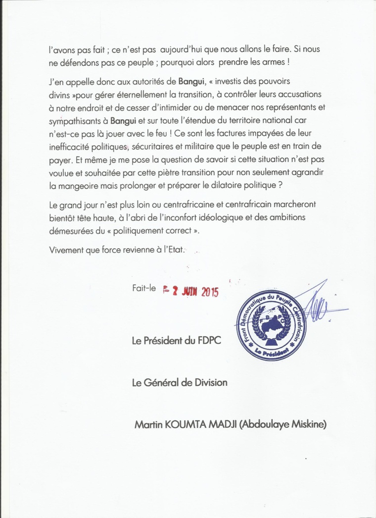 Centrafrique : Le Président du FDPC hausse le ton après le Forum "raté" de Bangui