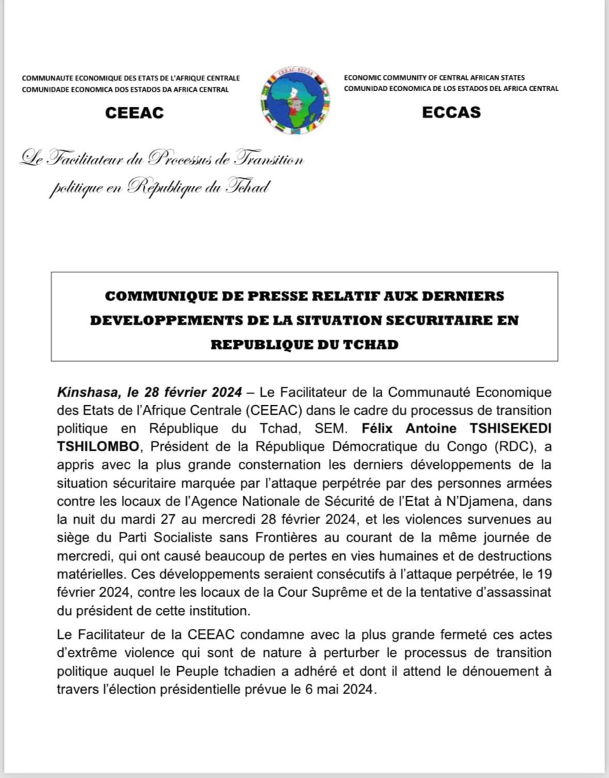 Tchad : le facilitateur de la CEEAC condamne les violences et appelle à une enquête Tchad : le facilitateur de la CEEAC condamne les violences et appelle à une enquête