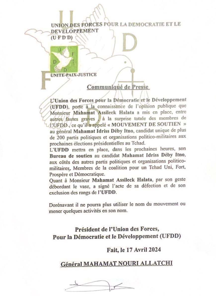 Général Nouri : "l'UFDD mettra en place son Bureau de soutien au candidat MIDI, aux côtés des autres..."