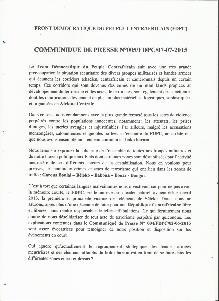 RCA : Le FDPC déclare la guerre au terrorisme et annonce un déploiement aux frontières