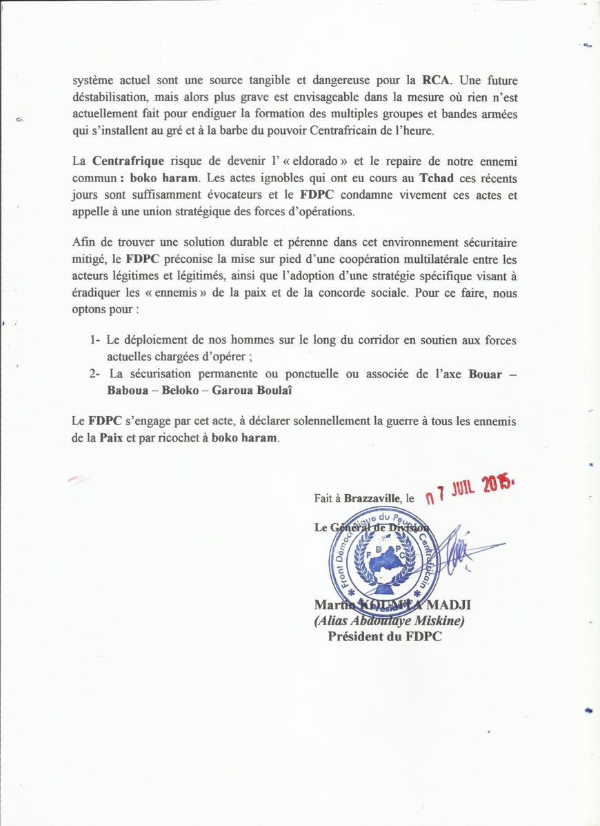 RCA : Le FDPC déclare la guerre au terrorisme et annonce un déploiement aux frontières