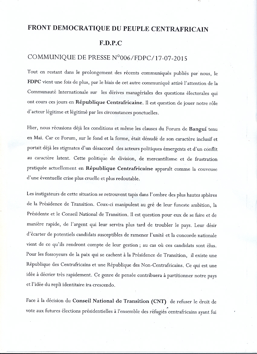 Centrafrique : Le FDPC veut mettre à contribution une expérience militaire stratégique