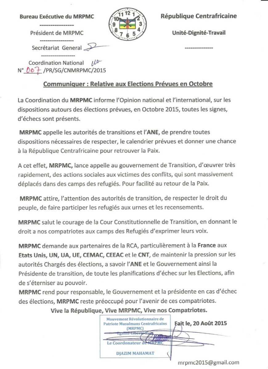 Centrafrique: Le MRPMC appelle le gouvernement à oeuvrer dans le social