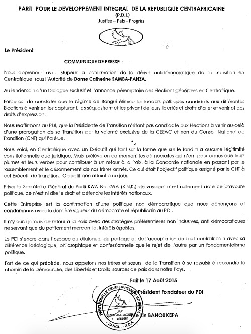 Centrafrique: Le PDI dénonce les "dérives anti-démocratiques" de la Présidente