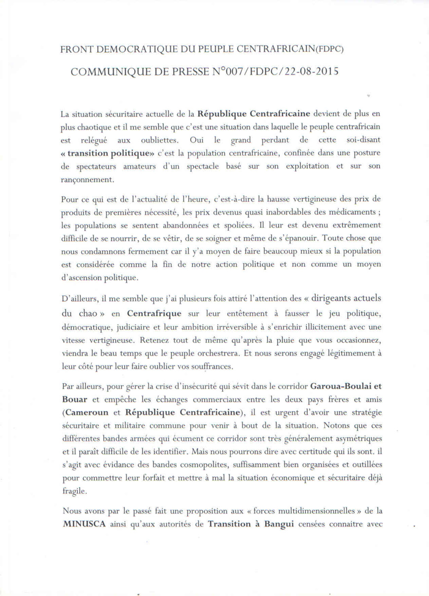 La population centrafricaine "grand perdant de la transition politique", assure le FPDC