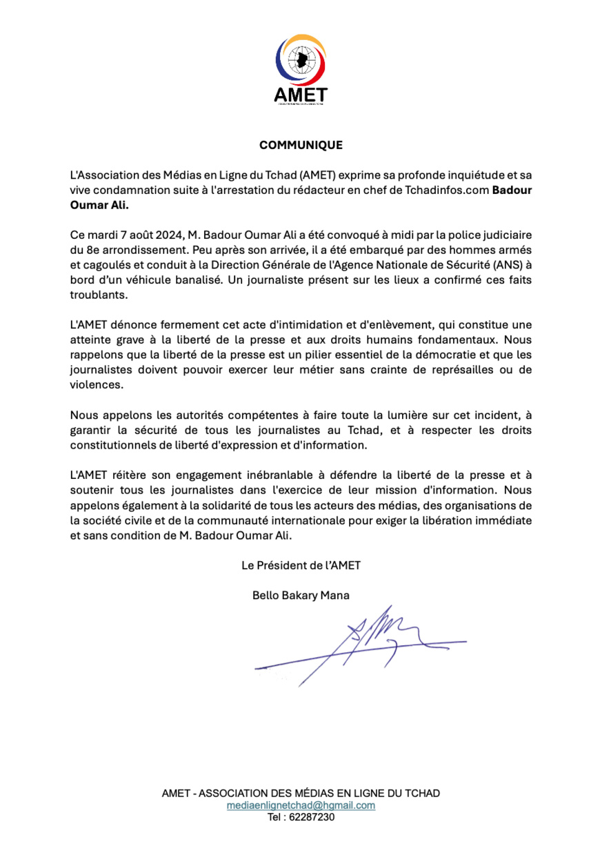 Tchad : l'AMET demande la libération immédiate et sans condition de Badour Oumar Ali Tchad : l'AMET demande la libération immédiate et sans condition de Badour Oumar Ali