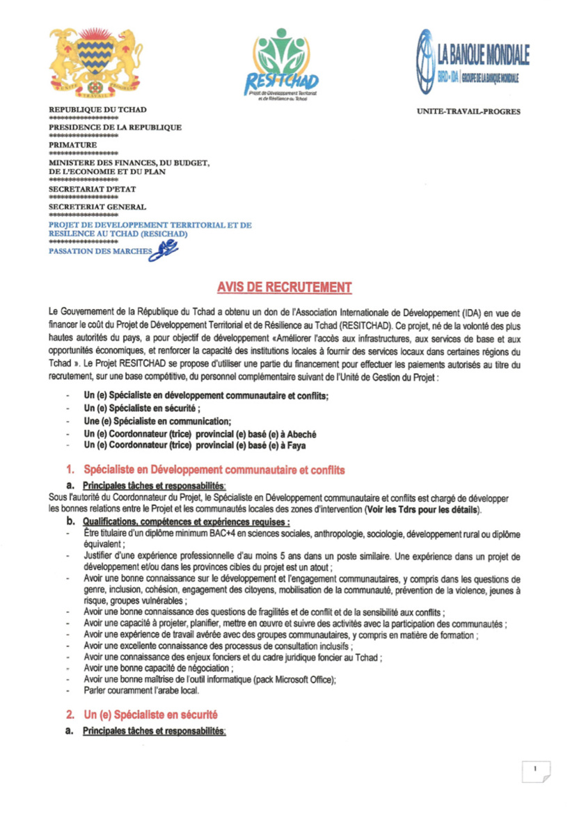 Tchad : Le projet RESITCHAD lance un avis de recrutement de personnel complémentaire Tchad : Le projet RESITCHAD lance un avis de recrutement de personnel complémentaire