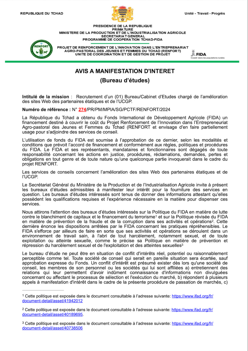 Tchad : Avis à manifestation d'intérêt du projet RENFORT pour le recrutement d'un Bureau/cabinet d'études