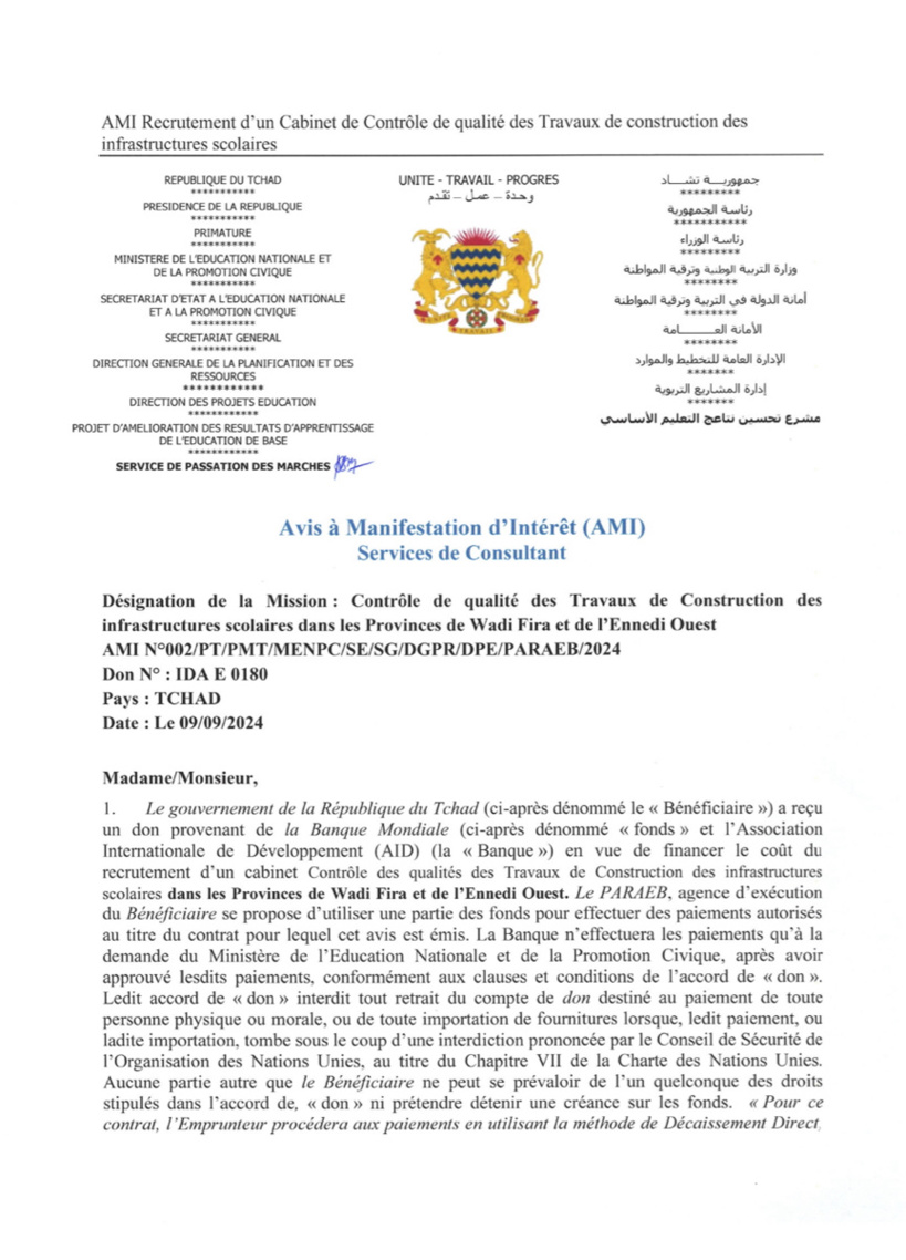 Tchad : Avis à manifestation d’intérêt du Projet PARAEB pour des services de consultance (contrôle de qualité de travaux) Tchad : Avis à manifestation d’intérêt du Projet PARAEB pour des services de consultance (contrôle de qualité de travaux)
