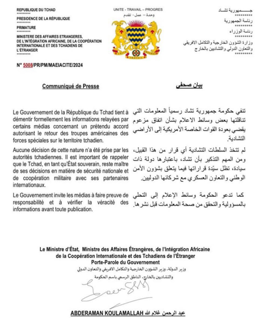 Le Tchad dément un prétendu accord autorisant le retour des forces spéciales américaines