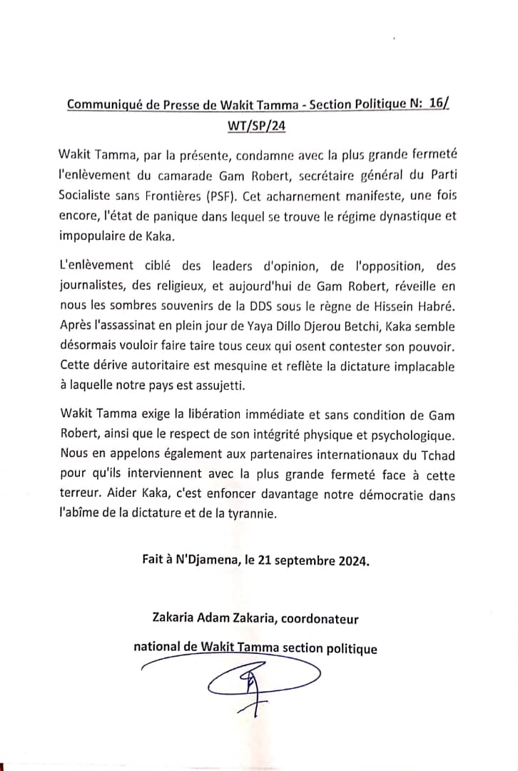 Tchad : Wakit Tamma exige la libération immédiate et sans condition de Gam Robert