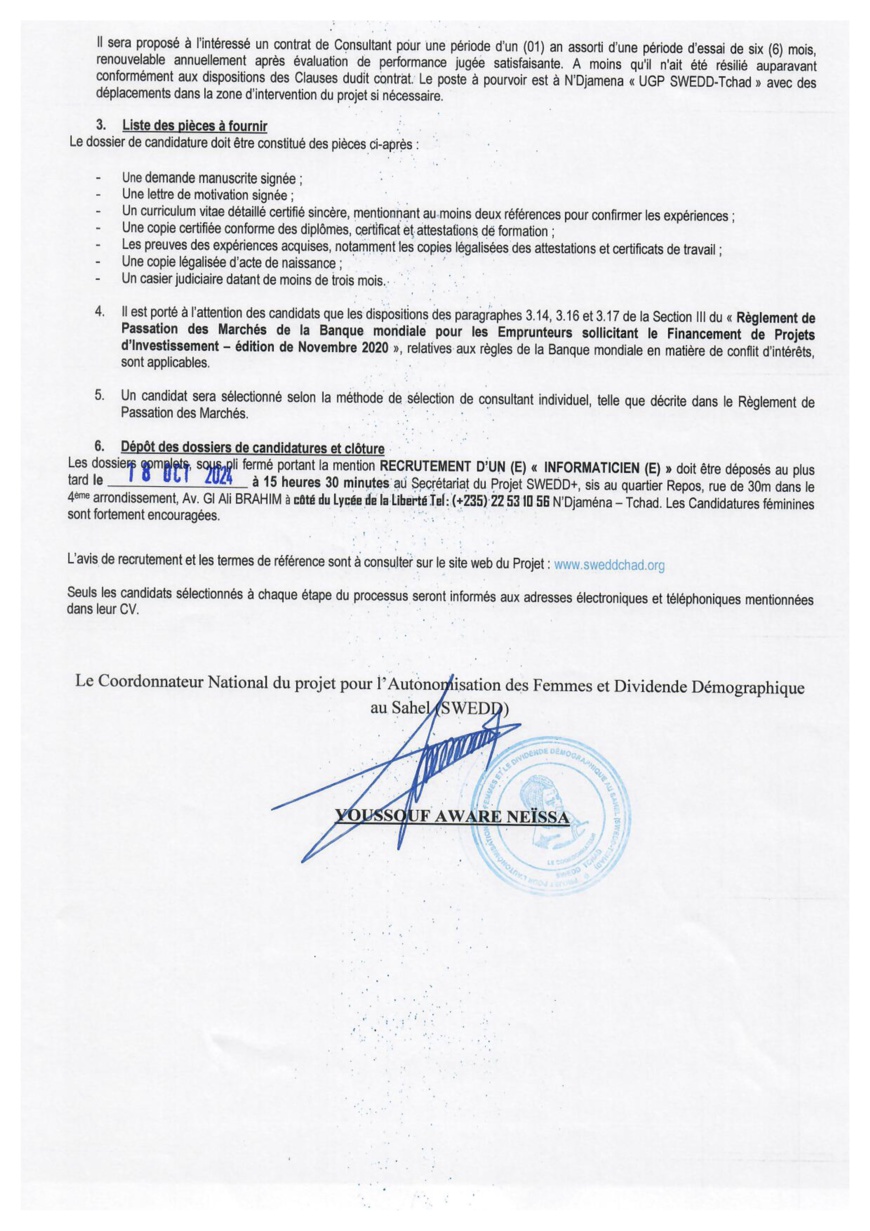 Tchad : Le projet SWEDD+ lance un avis de recrutement de personnel sur une base compétitive Tchad : Le projet SWEDD+ lance un avis de recrutement de personnel sur une base compétitive