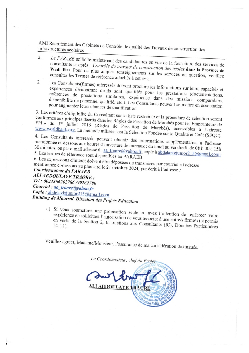 Tchad : Avis à manifestation d'intérêt du PARAEB pour le recrutement des cabinets de contrôle de qualité (Wadi Fira) Tchad : Avis à manifestation d'intérêt du PARAEB pour le recrutement des cabinets de contrôle de qualité (Wadi Fira)