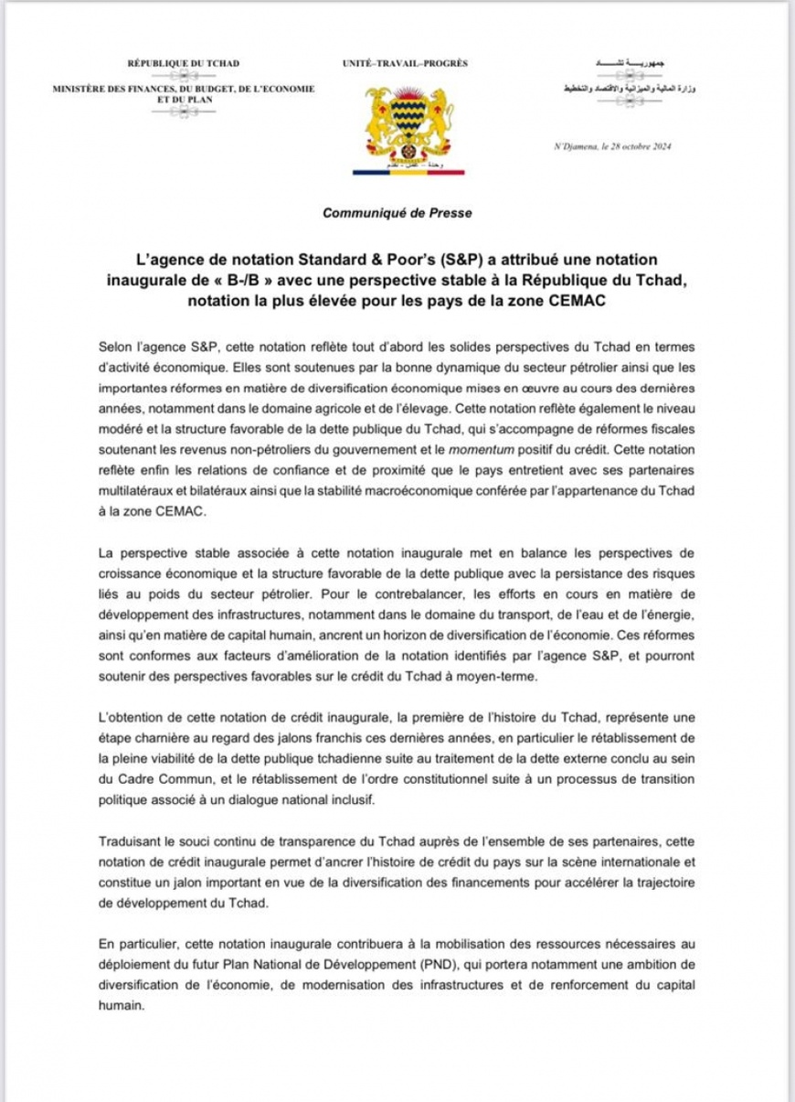 Tchad : Standard & Poor’s attribue une notation inaugurale de 'B-/B' avec une perspective stable Tchad : Standard & Poor’s attribue une notation inaugurale de 'B-/B' avec une perspective stable