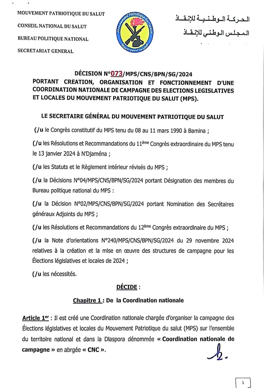 Tchad - MPS : Création d'une Coordination Nationale pour les Élections Législatives et Locales Tchad - MPS : Création d'une Coordination Nationale pour les Élections Législatives et Locales