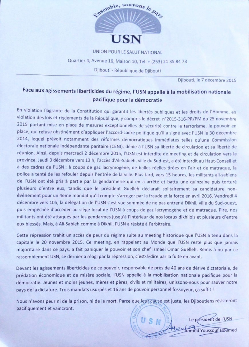 DJIBOUTI : L'opposition appelle à la mobilisation pour dénoncer les violations multiformes des droits humains DJIBOUTI : L'opposition appelle à la mobilisation pour dénoncer les violations multiformes des droits humains