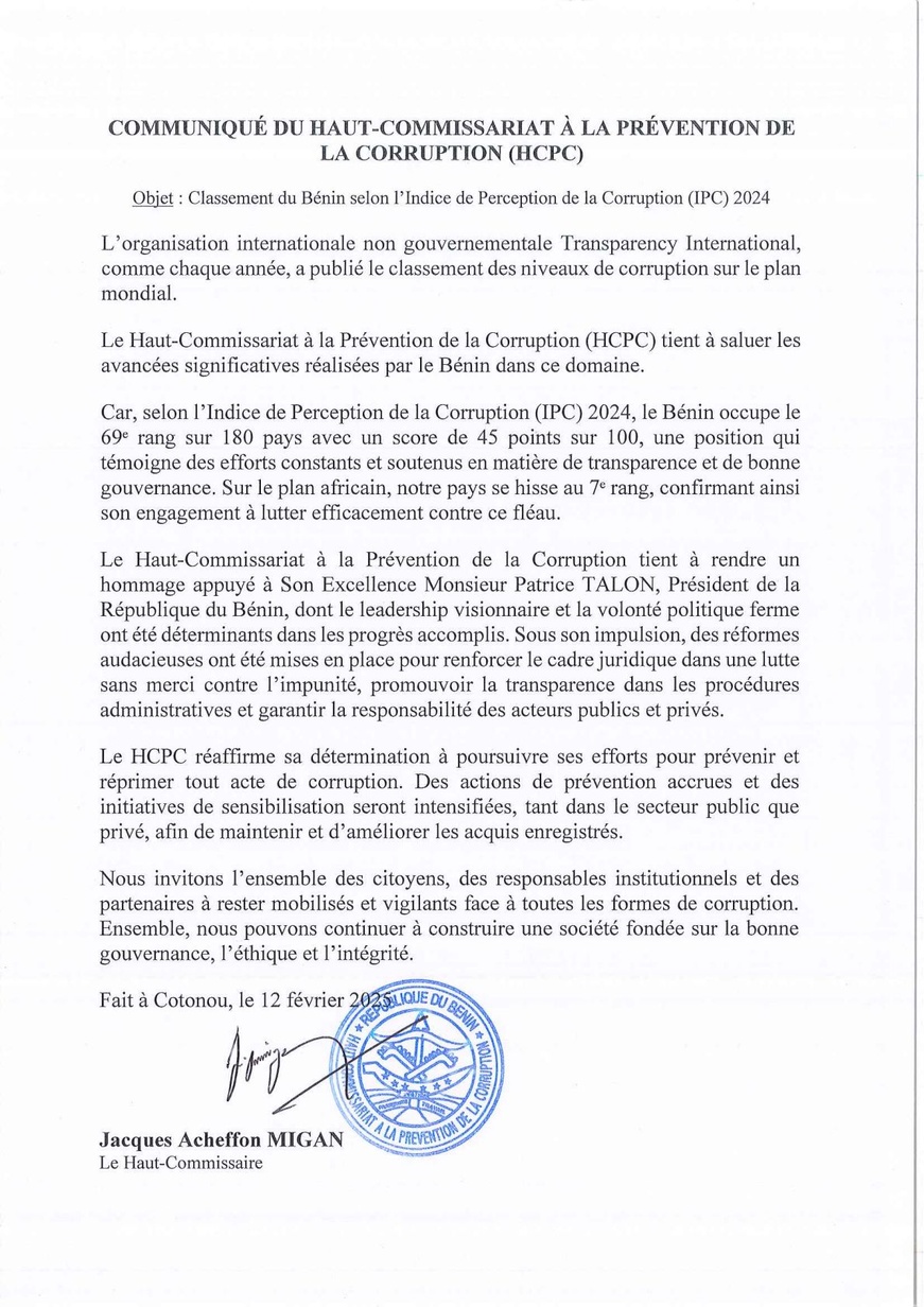 Bénin : le pays occupe le 69ème rang sur 80 pays selon l’Indice de Perception de la Corruption Bénin : le pays occupe le 69ème rang sur 80 pays selon l’Indice de Perception de la Corruption