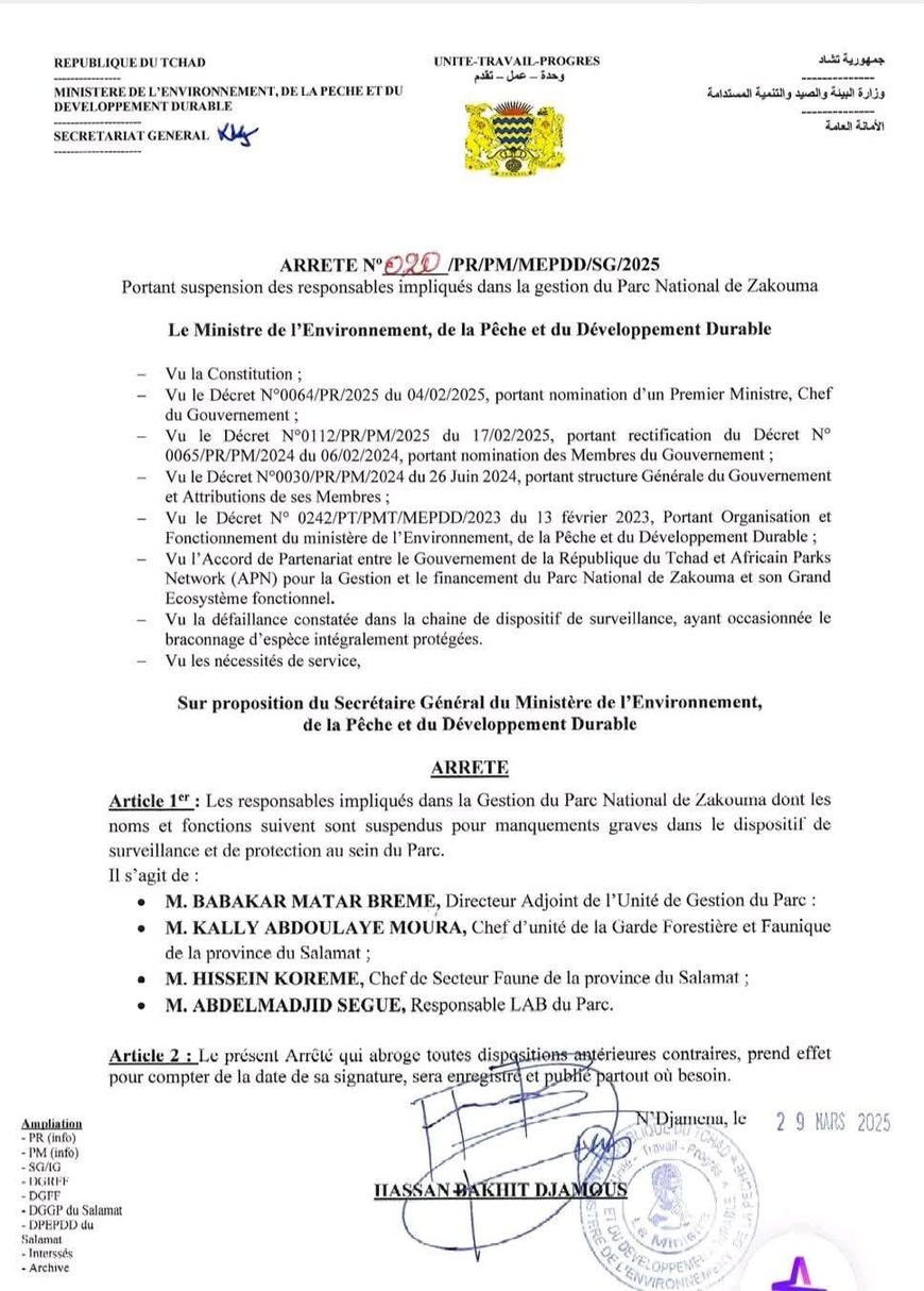 Tchad - Scandale au Parc National de Zakouma : Des Responsables Suspendus après le Braconnage de Rhinocéros Tchad - Scandale au Parc National de Zakouma : Des Responsables Suspendus après le Braconnage de Rhinocéros