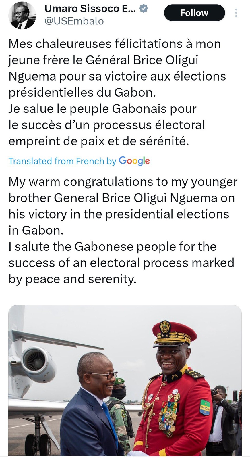 Présidentielle au Gabon : Le Président de Guinée-Bissau félicite le Général Brice Oligui Nguema avant l'annonce des résultats