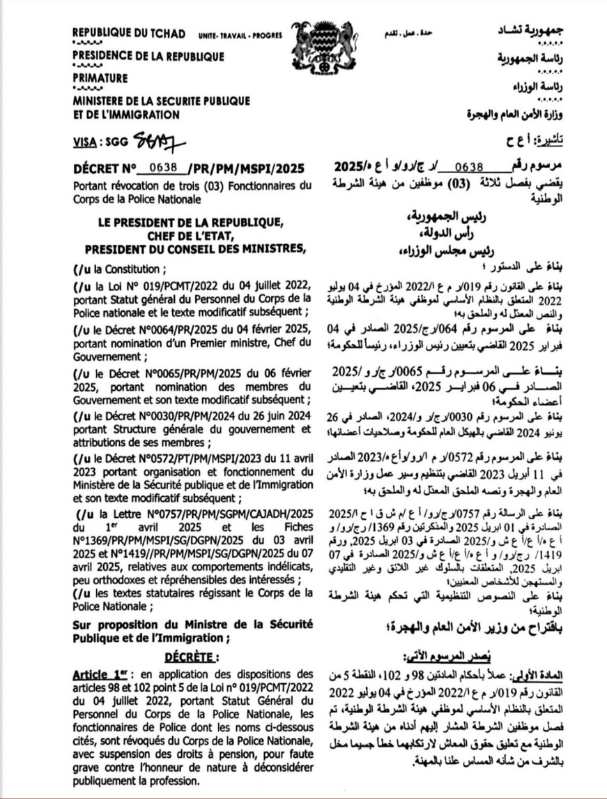 Tchad : Trois fonctionnaires révoqués du corps de la police nationale pour faute grave Tchad : Trois fonctionnaires révoqués du corps de la police nationale pour faute grave