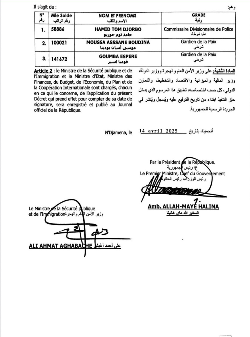 Tchad : Trois fonctionnaires révoqués du corps de la police nationale pour faute grave