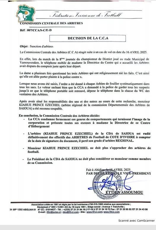 Football Ivoirien : Un arbitre radié pour avoir volé un téléphone portable