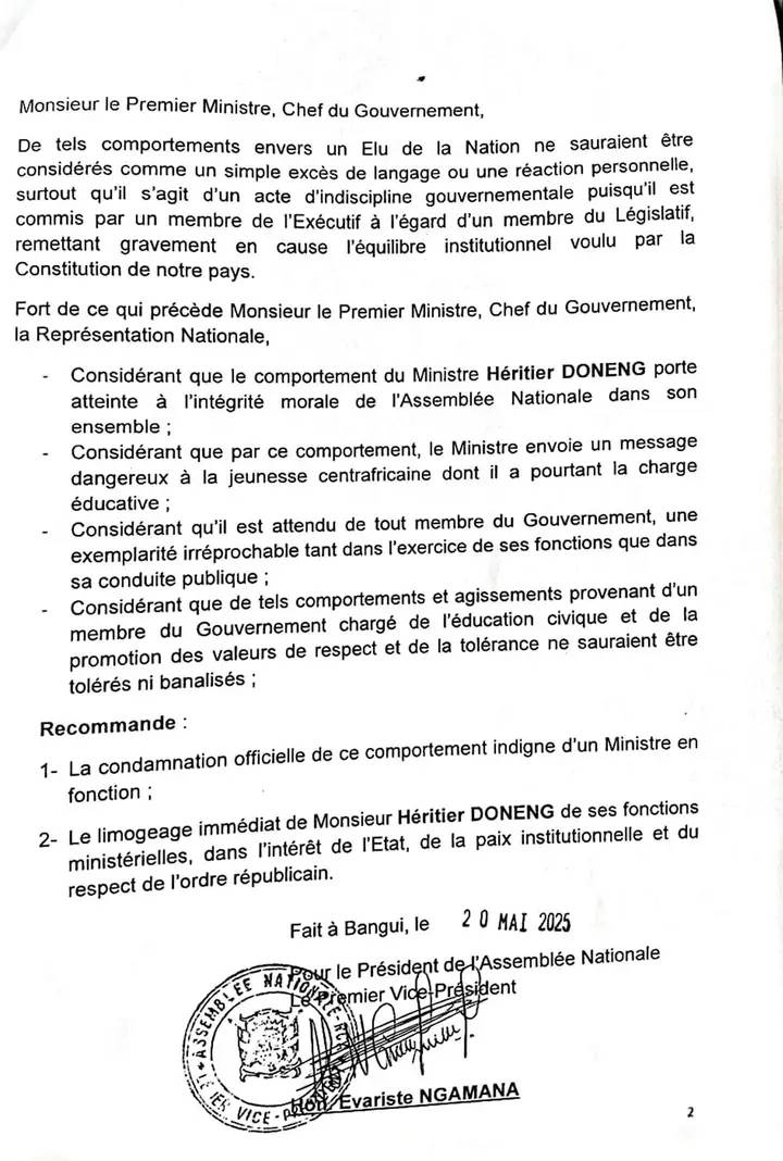 RCA : L'Assemblée Nationale demande le limogeage du Ministre de la Jeunesse, Héritier Doneng