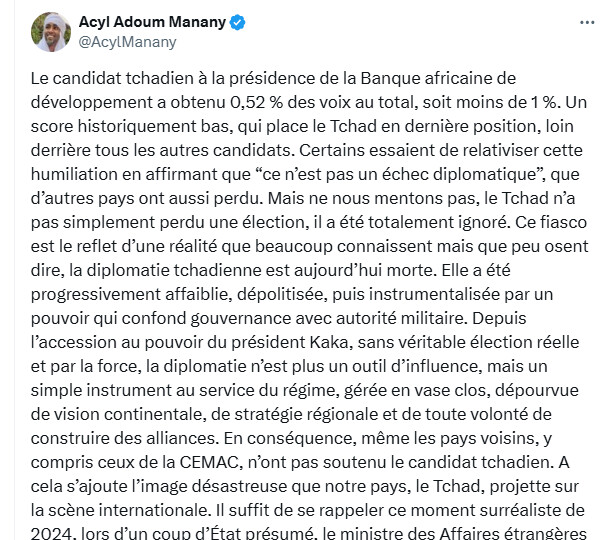 Tchad : Un revers cuisant à la BAD et un diagnostic sévère de la diplomatie tchadienne par Acyl Adoum Manany