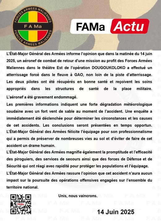 Mali : Un avion de combat des FAMa effectue un atterrissage forcé près de Gao