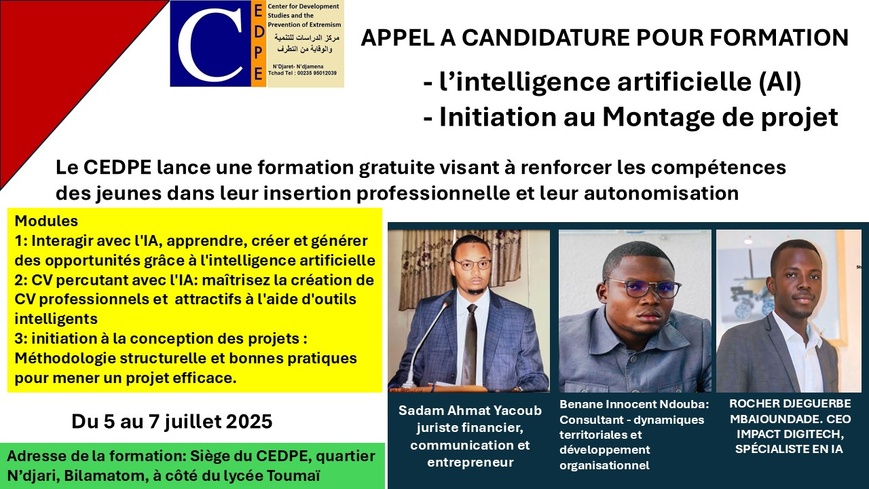 Tchad : Le CEDPE organise une formation sur l'intelligence Artificielle (5-7 juillet 2025) Tchad : Le CEDPE organise une formation sur l'intelligence Artificielle (5-7 juillet 2025)