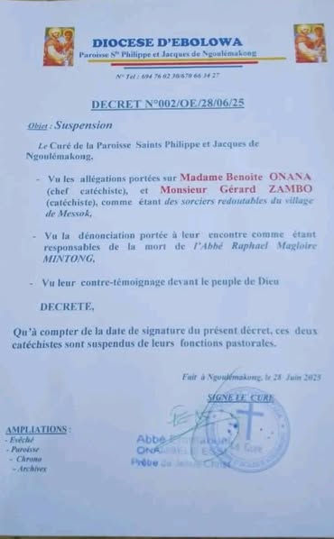 Cameroun : Deux catéchistes suspendus pour pratiques de sorcellerie après le décès d'un prêtre