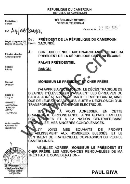Tragédie au Lycée Barthélémy Boganda : Le Cameroun présente ses condoléances à la RCA après l'incendie meurtrier